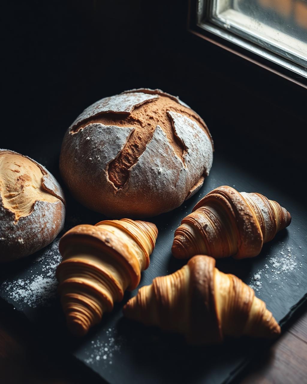 Sourdough loaves and croissants on a dark slate board