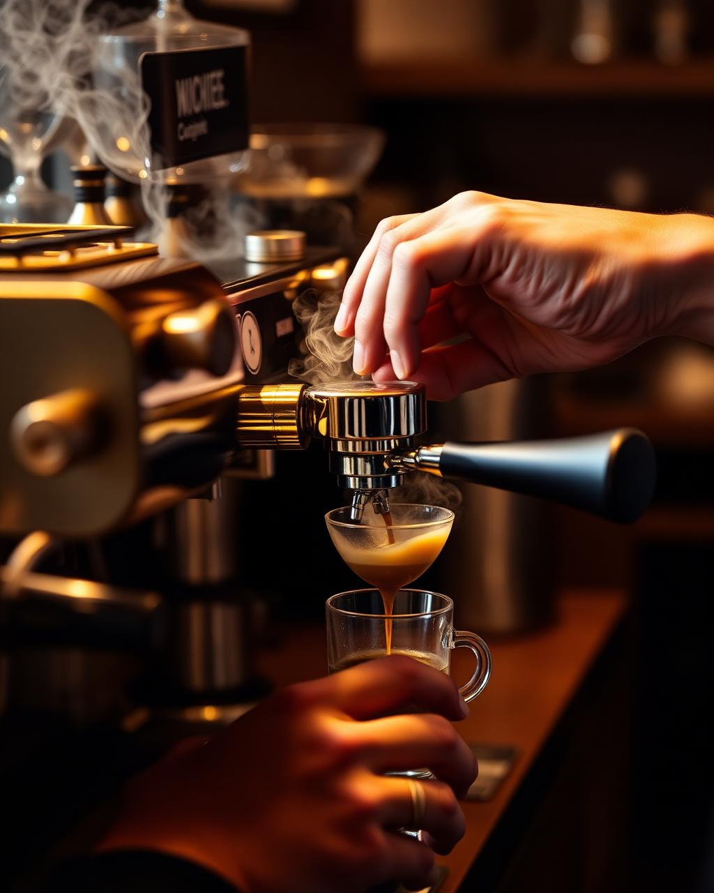 Barista pulling an espresso shot on a brass machine