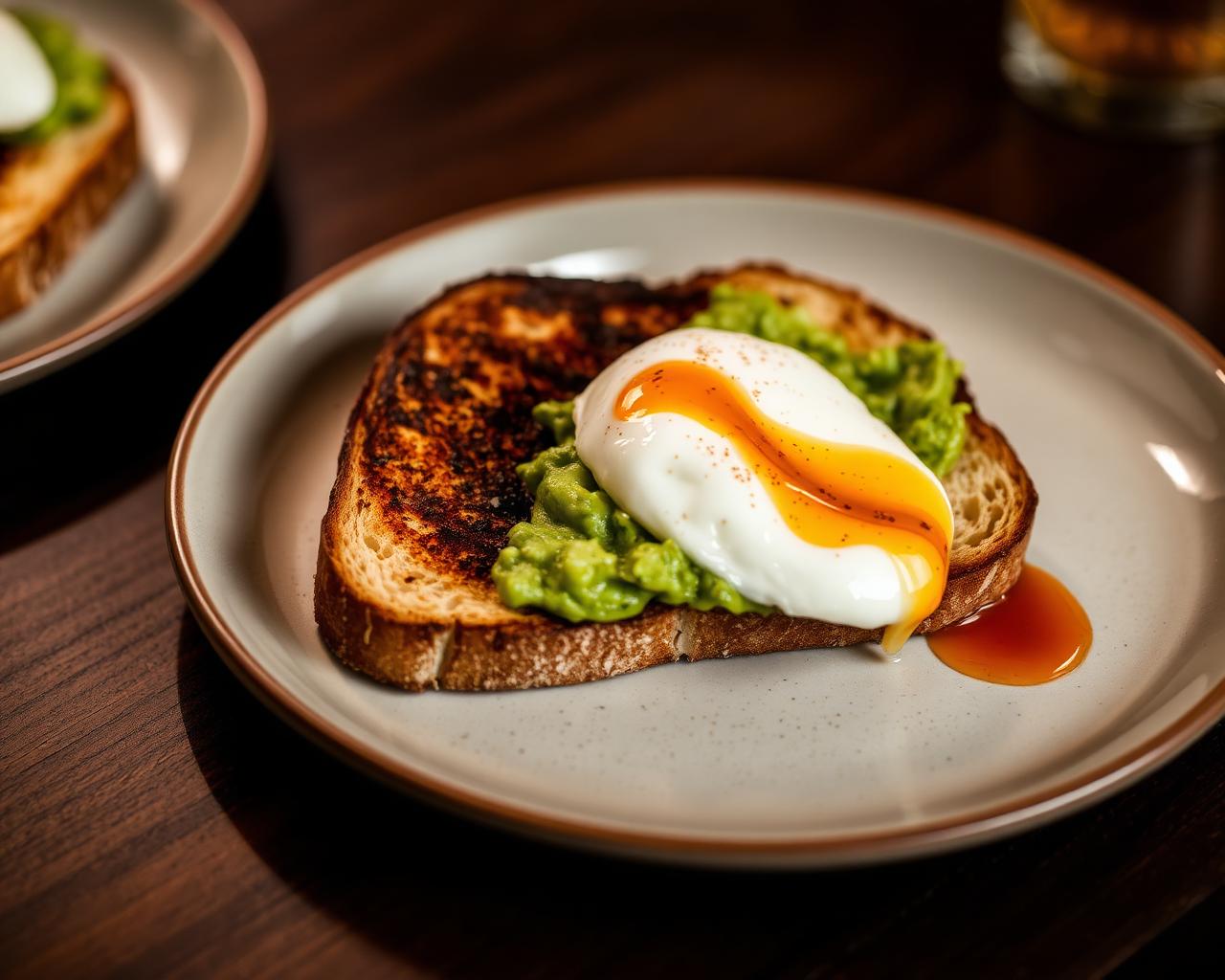 Charred sourdough with smashed avocado and a poached egg