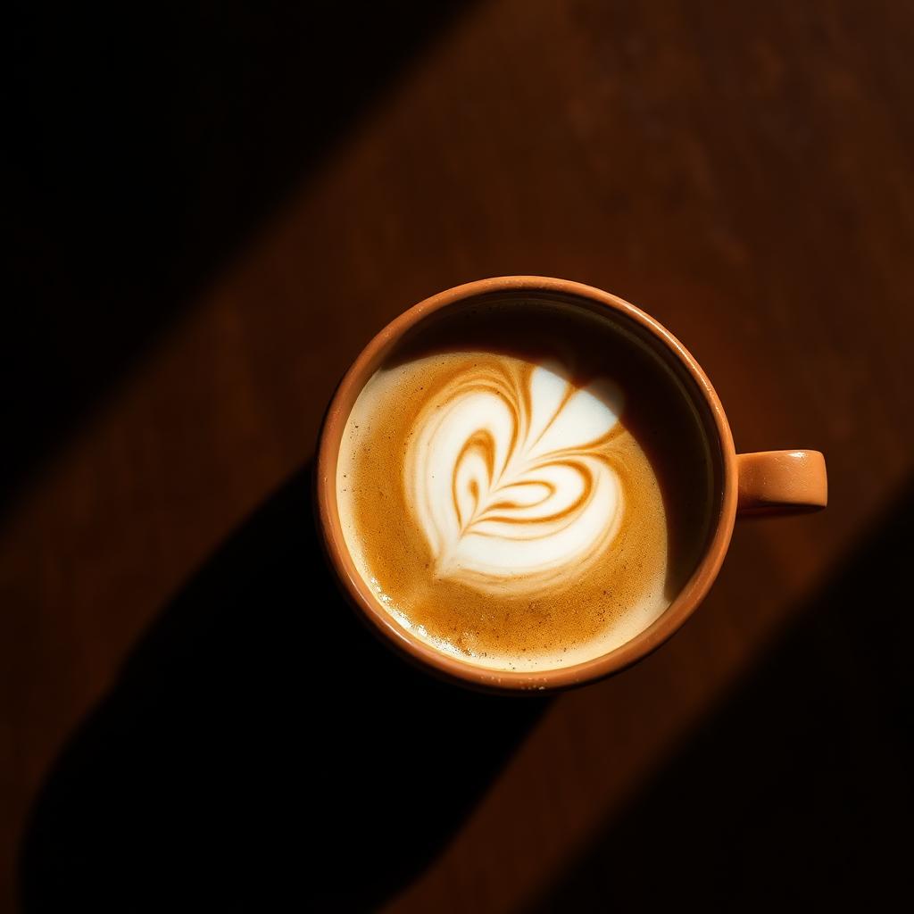 Flat white with rosetta latte art in a terracotta cup