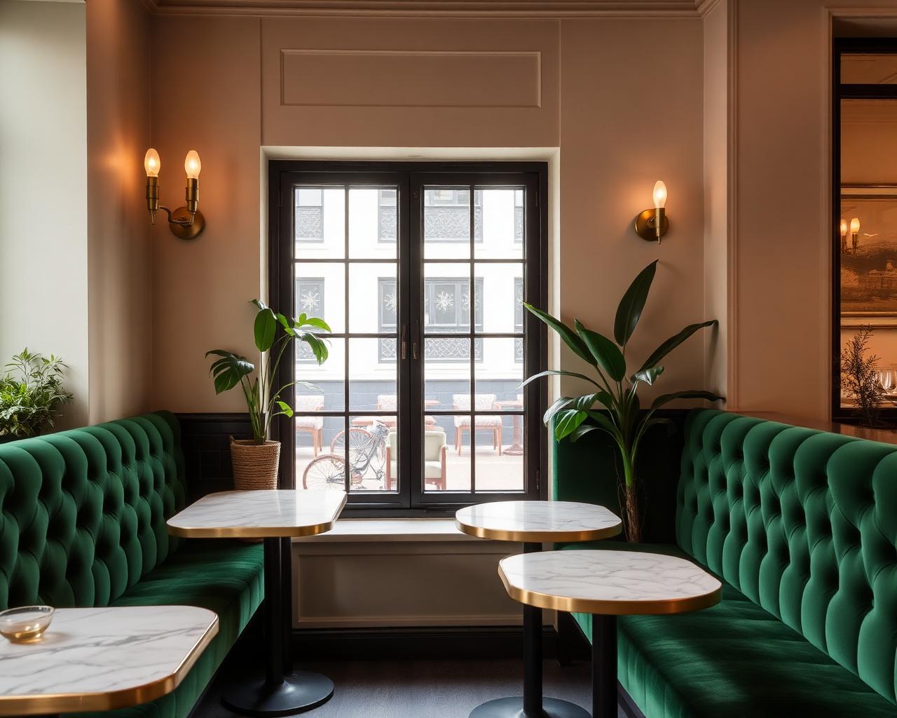 Green velvet banquette seating with marble tables and brass sconces