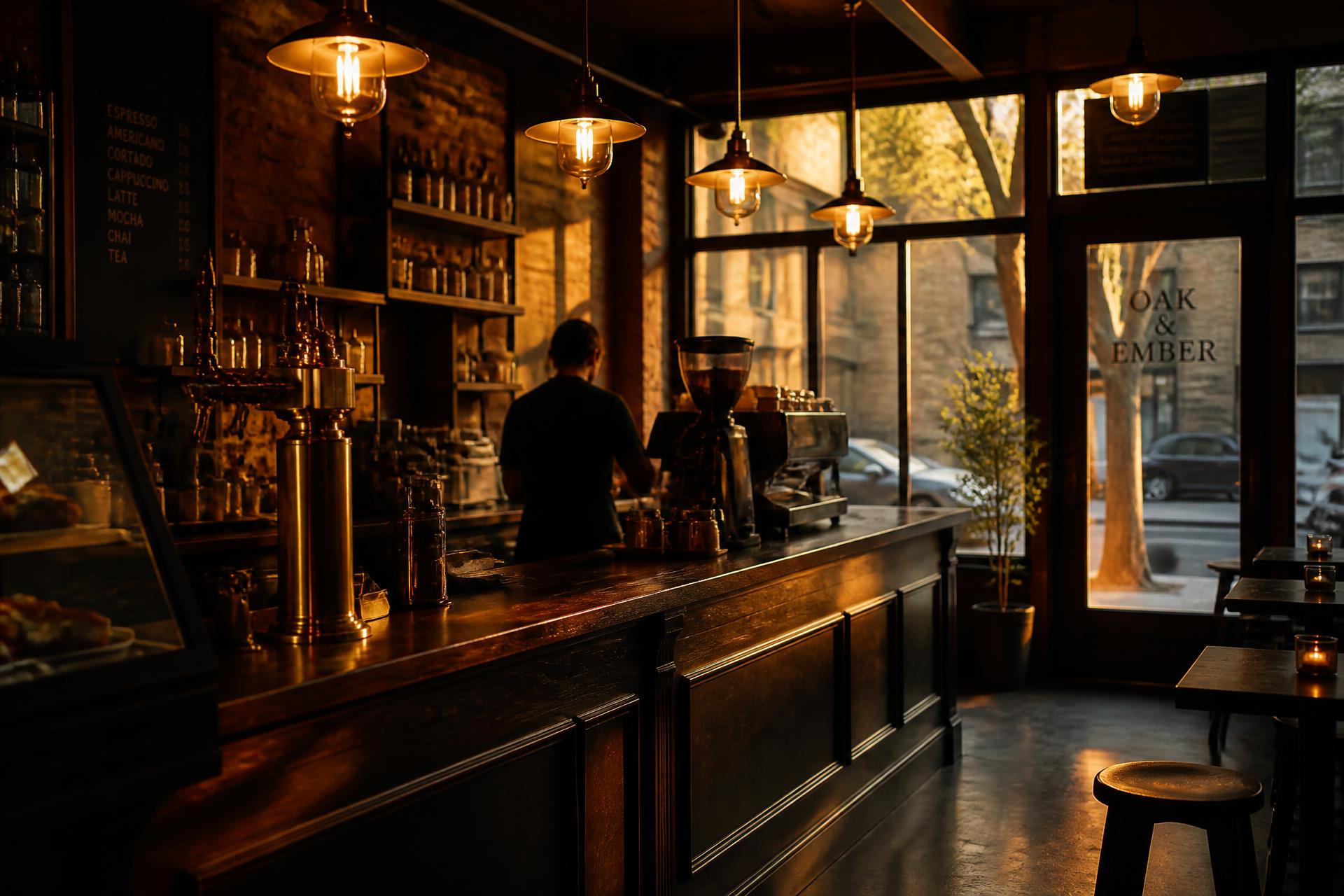 The Oak & Ember espresso bar at golden hour, with warm pendant lights over a dark oak counter