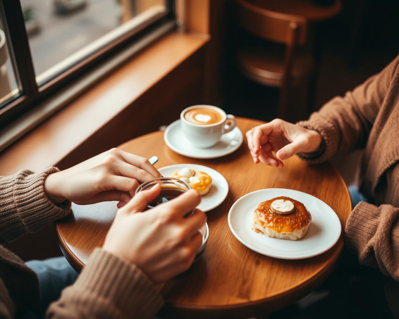Two guests sharing coffee and pastries at a café table